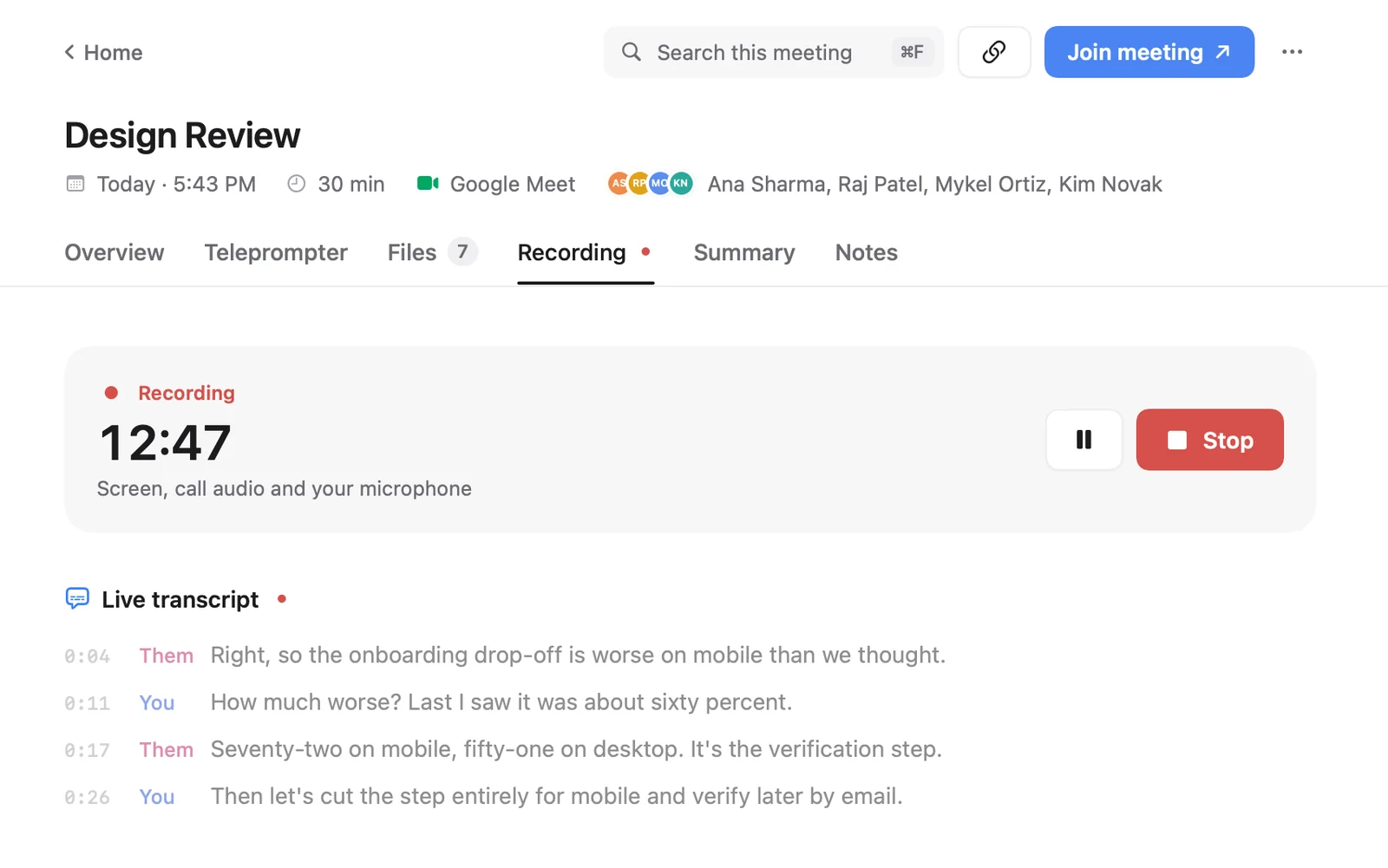 A Cued meeting recording a Google Meet call, with a live transcript labelling each line Them or You